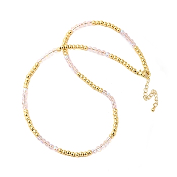 Rack Plating Brass and Glass Bead Necklaces, Cadmium Free & Lead Free, Long-Lasting Plated, Real 18K Gold Plated, Pink, 17.80 inch(45.2cm)