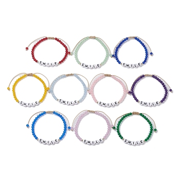 10Pcs Natural & Dyed Malaysia Jade Beaded Bracelet, Adjustable Acrylic Word Smile Beads Bracelet for Women, Mixed Color, Inner Diameter: 2-1/8~3-1/2 inch(5.5~9cm), 10pcs/set