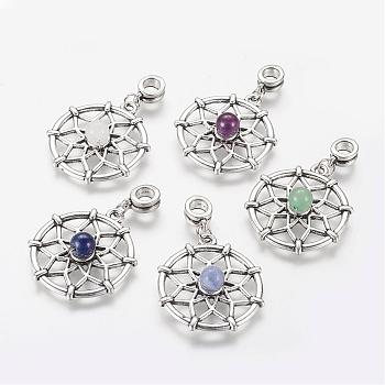 Alloy European Dangle Charms, Large Hole Pendants, with Gemstone Beads, Flat Round with Flower, 44mm, Hole: 5mm