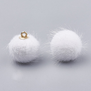 Faux Mink Fur Covered Pendants, with Brass Findings, Round, Golden, White, 14x12mm, Hole: 1mm