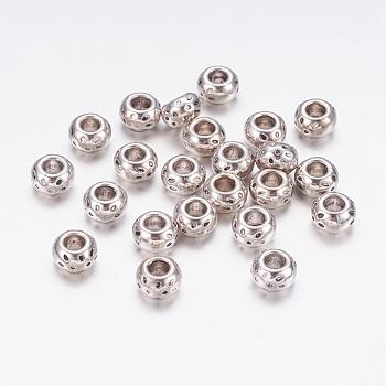 Tibetan Style Alloy Beads, Barrel, Lead Free, Cadmium Free and Nickel Free, Barrel, Antique Silver, about 5mm long, 8mm wide, hole: 3.5mm