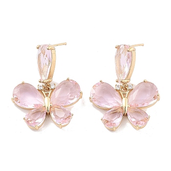 Butterfly Brass Dangle Stud Earrings, Pink Glass Drop Earrings, Light Gold, 36x28mm
