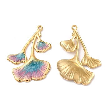 304 Stainless Steel Enamel Pendants, Real 18K Gold Plated, Ginkgo Leaf Charm, Flamingo, 32x22.5x2mm, Hole: 1.4mm