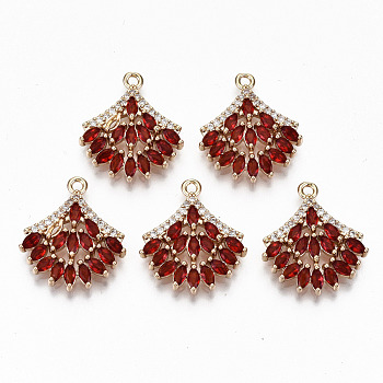 Brass Micro Pave Cubic Zirconia Pendants, Light Gold, Long-Lasting Plated, Cadmium Free & Lead Free, Fan, Red, 21x18x3mm, Hole: 1.6mm