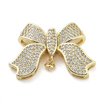 Brass Micro Pave Clear Cubic Zirconia Fold Over Clasps, Bowknot, Real 18K Gold Plated, 20x30.5x6mm, Hole: 1.2mm