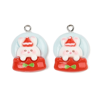 Christmas Theme Rabbit Opaque Resin Pendants, with Platinum Iron Loop, Santa Claus, 25x19x9mm, Hole: 2mm