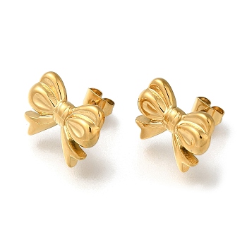 304 Stainless Steel Stud Earrings for Women, Bowknot, Real 18K Gold Plated, 11.5x15mm