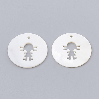 Freshwater Shell Pendants, Flat Round with Girl, Creamy White, 25x1.5~2mm, Hole: 1.5mm