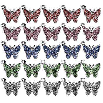 25Pcs 5 Colors Zinc Alloy Butterfly Charms, with Resin Rhinestone, Mixed Color, 12x14mm, Hole: 2.5mm, 5pcs/color