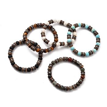 Natural & Synthetic Gemstone Stretch Bracelets, with Natural Coconut Beads and Non-magnetic Synthetic Hematite Beads, Inner Diameter: 2-1/8 inch(5.5cm)