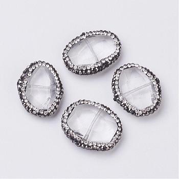 Natural Quartz Crystal Beads, with Polymer Clay Rhinestones, Flat Oval, 24~26x19~20.5x7~8mm, Hole: 1mm