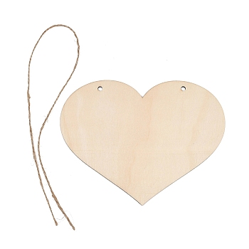 Unfinished Wood Pendants, Hanging Decoration Supplies, with Jute Rope, Heart, PapayaWhip, 117x152.5x2.5mm, Hole: 3~4mm