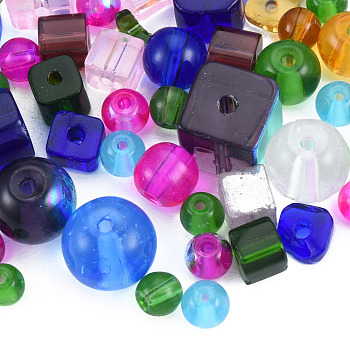 Glass Beads, Mixed Shapes, with Column Acrylic Bead Containers, Colorful, 4.5~9x4.5~9x4~8.5mm, Hole: 1.2~1.6mm, Box: 85x85x85mm