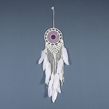 Iron Bohemian Woven Web/Net with Feather Macrame Wall Hanging Decorations, for Home Bedroom Decorations, Indigo, 590mm