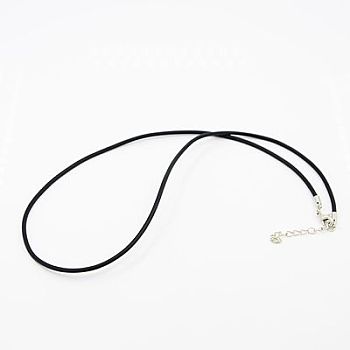 Rubber Cord, For Necklace Making, with Alloy Lobster Clasps, Platinum, Black, 18.1 inch