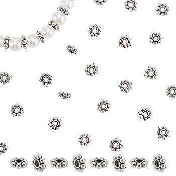 100Pcs Tibetan Style Alloy Beads Flower Spacer Beads, Cadmium Free & Lead Free, Granulated Beads, Antique Silver, 6x2mm, Hole: 1.5mm
