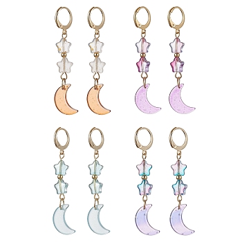 4 Pairs 4 Color Moon & Star Glass Dangle Leverback Earrings, 304 Stainless Steel Drop Earrings, Mixed Color, 55x11mm, 1 Pair/color