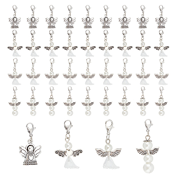 40Pcs 4 Style Alloy Pendants, with Brass Lobster Claw Clasps and Glass Pearl and Acrylic Beads, Angel, White, 35~47mm, 10pcs/style