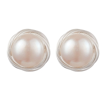 Natural Pearl Ear Studs, with Sterling Silver Findings, Flat Round, Platinum, 11mm