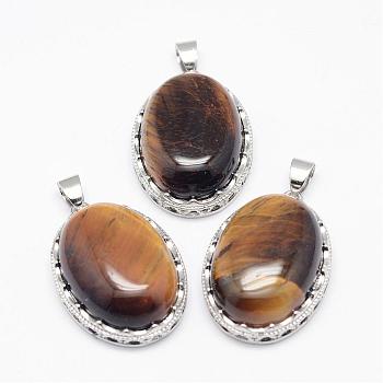 Natural Tiger Eye Pendants, with Brass Findings, Oval, Platinum, 30x21x10~11mm, Hole: 6x4mm