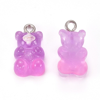 Resin Pendants, with Platinum Plated Iron Findings, Bear, Imitation Jelly, Colorful, 20.5x10.5x6.5mm, Hole: 2mm
