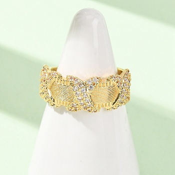 Brass Micro Pave Cubic Zirconia Cuff Open Rings, Cadmium Free & Lead Free, Rack Plating, Long-Lasting Plated, Golden, Clear, 9mm, US Size 7 3/4(17.9mm)
