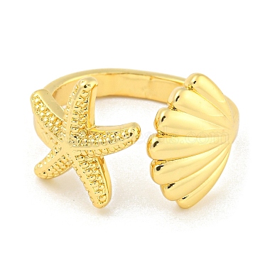 Starfish & Shell Rack Plating Brass Open Cuff Rings(RJEW-N047-02G-RS)-2