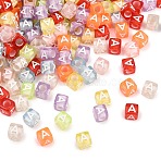 Transparent Acrylic Beads, Horizontal Hole, Cube with Initial Letter, Mixed Color, 6x6x6mm, Hole: 3mm, about 3000pcs/500g(TACR-Q263-02A-01)