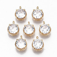 Brass Glass Rhinestone Charms, Long-Lasting Plated, Cadmium Free & Lead Free, Flat Round, Light Gold, Crystal, 10x7x4mm, Hole: 1.2mm(GLAA-S179-32-RS)