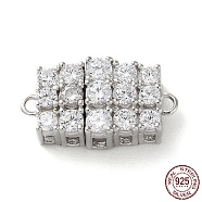 Rhodium Plated 925 Sterling Silver Pave Clear Cubic Zirconia Magnetic Clasps, Rectangle with 925 Stamp, Long-Lasting Plated, Real Platinum Plated, 8x15.5x5.5mm, Hole: 1.2mm(STER-D005-04P)