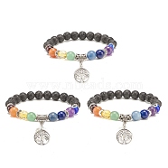 3Pcs 3 Style Natural Lava Rock & Mixed Stone Stretch Bracelets Set with Lampwork Evil Eye, 7 Chakra Bracelets with Alloy Tree of Life Charms for Women, Inner Diameter: 2 inch(5.2cm), 1Pc/style(BJEW-JB08321)
