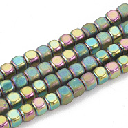 Electroplate Non-magnetic Synthetic Hematite Beads Strands, Half Matte Style, Cube, Rainbow Plated, 3x3x3mm, Hole: 0.8mm, about 140pcs/strand, 15.7 inch(G-N0318-40-F)