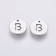 304 Stainless Steel Charms,  Flat Round with Letter, Stainless Steel Color, Letter.B, 10x1mm, Hole: 1mm(STAS-P225-104P-03)