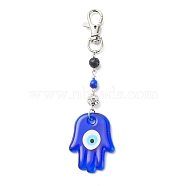 Handmade Lampwork Evil Eye Pendant Decoration, Natural Lava Rock Round Bead & Lobster Clasp Charms, for Keychain, Purse, Backpack Ornament, Palm, 141mm(HJEW-JM00791-03)