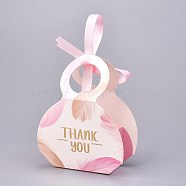Handbag Shape Candy Packaging Box, Wedding Party Gift Box, with Ribbon, Boxes, Word THANK YOU Pattern, Pink, 3.5xx9.7x13.2cm, Unfold: 29.8x25.2x0.03cm, Ribbon: 40.4x1cm(CON-F011-03A)
