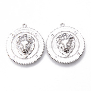 Brass Micro Pave Clear Cubic Zirconia Pendants, Nickel Free, Flat Round with Lion, Platinum, 25x23x3mm, Hole: 1.2mm(KK-N232-159-NF)