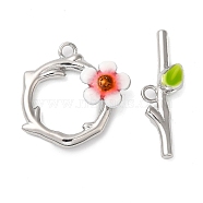 Brass Toggle Clasps, with Enamel, Nickel Free, Flower, Real Platinum Plated, 21.3x4.7mm, Bar: 8.5x26.5x3.5mm, Hole: 2mm(KK-C028-16P)