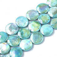 Freshwater Shell Beads Strands, AB Color Plated, Dyed, Flat Round, Cyan, 10~11.5x3~4mm, Hole: 1mm, 34pcs/strand, 15.15 inch(SHEL-S274-52A)