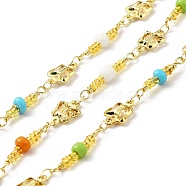 Handmade Eco-friendly Brass Butterfly Link Chain, with Glass Beaded, Long-Lasting Plated, Golden, Soldered, with Spool, Colorful, 10.5x7x2mm(CHC-E023-13G)