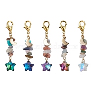 Electroplate Glass Star Pendant Decoration, Natural & Synthetic Mixed Stone Chips and Alloy Lobster Claw Clasps Charm, Mixed Color, 61mm(HJEW-JM01589)