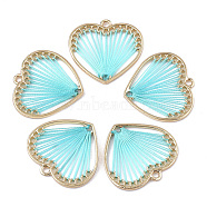 Alloy Pendants, with Polyester Thread, Heart, Golden, Dark Turquoise, 27x28x2mm, Hole: 2mm(X-PALLOY-T063-01G-06)