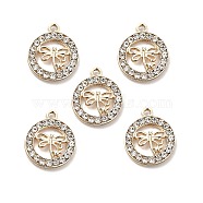 Alloy Crystal Rhinestone Pendants, Flat Round with Hollow Out Dragonfly Charms, Light Gold, 21x17.5x3mm, Hole: 2mm(ALRI-C007-64LG)
