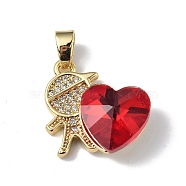 Real 18K Gold Plated Rack Plating Brass Micro Pave Clear Cubic Zirconia Pendants, with Glass, Long-Lasting Plated, Cadmium Free & Lead Free, Boy with Heart Charm, Red, 19.5x18x7.5mm, Hole: 5.5x3.5mm(KK-C015-21G-14)