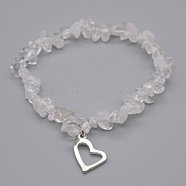 Alloy Charm Bracelets, Heart, with Natural Quartz Crystal Chip Beads and Elastic Crystal Thread, Silver Color Plated, 2-1/4 inch(55mm)(BJEW-JB02481-04)
