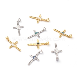 Brass & Natural Shell Pendants, Cross with Moon, Mixed Color, 27x16x2mm, Hole: 3.5x4mm(KK-H744-01)
