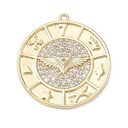 Brass with Crystal Rhinestone Pendants, Flat Round with Wing Charms, Real 14K Gold Plated, 25x23x2mm, Hole: 1.2mm(RB-CBAFF5B-28G)