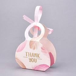 Handbag Shape Candy Packaging Box, Wedding Party Gift Box, with Ribbon, Boxes, Word THANK YOU Pattern, Pink, 3.5xx9.7x13.2cm, Unfold: 29.8x25.2x0.03cm, Ribbon: 40.4x1cm(CON-F011-03A)