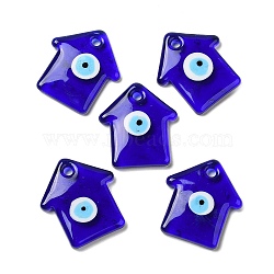 Handmade Evil Eye Lampwork Pendants, House Charm, Blue, 42.5x38.5x6mm, Hole: 4.5mm(LAMP-C006-01)