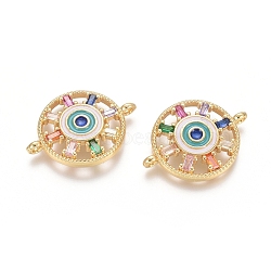 Brass Micro Pave Cubic Zirconia Links connectors, with Enamel, Flat Round with Evil Eye, Colorful, Golden, 17x23x3.5mm, Hole: 1.2mm(ZIRC-G152-36G)