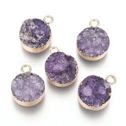 Natural Druzy Agate Pendants, with Real 18K Gold Plated Brass Finding, Long-Lasting Plated, Flat Round, Dyed, Purple, 18~20x14x5~10mm, Hole: 2~3mm(G-L566-A01)